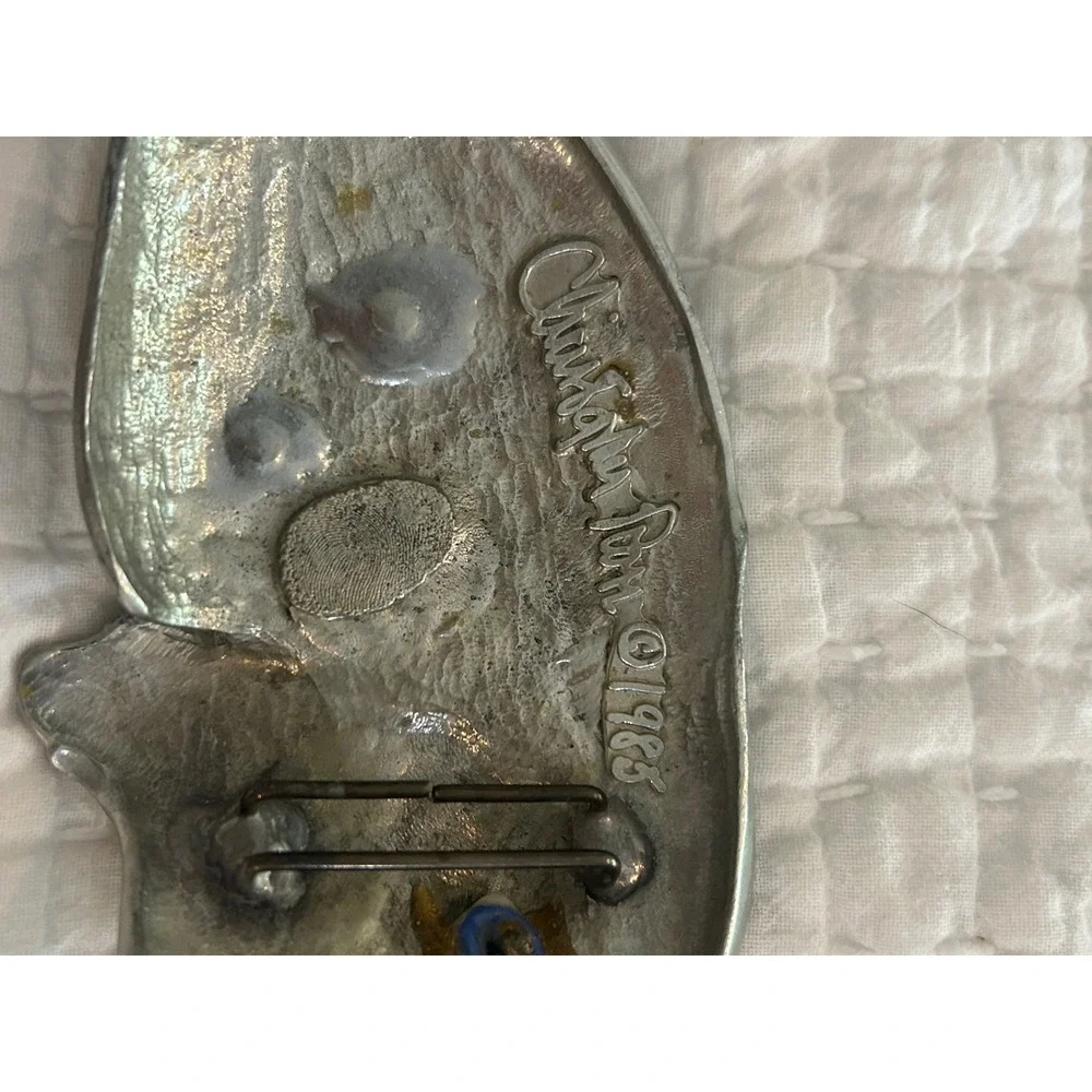 Vintage Christopher Ross 1985 Silver Fish Belt Buckle Blue Eye Signed Art Deco